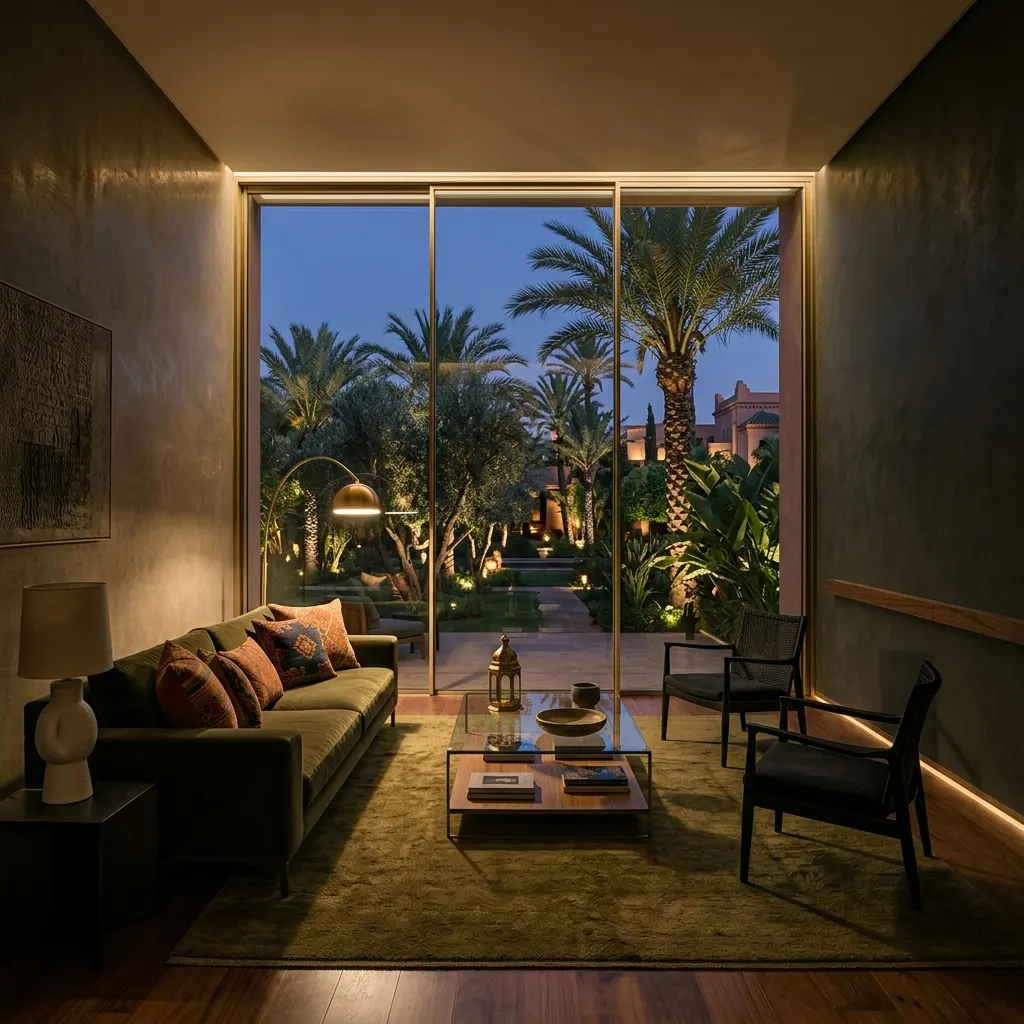 Intérieur contemporain ouvert sur un jardin à Marrakech